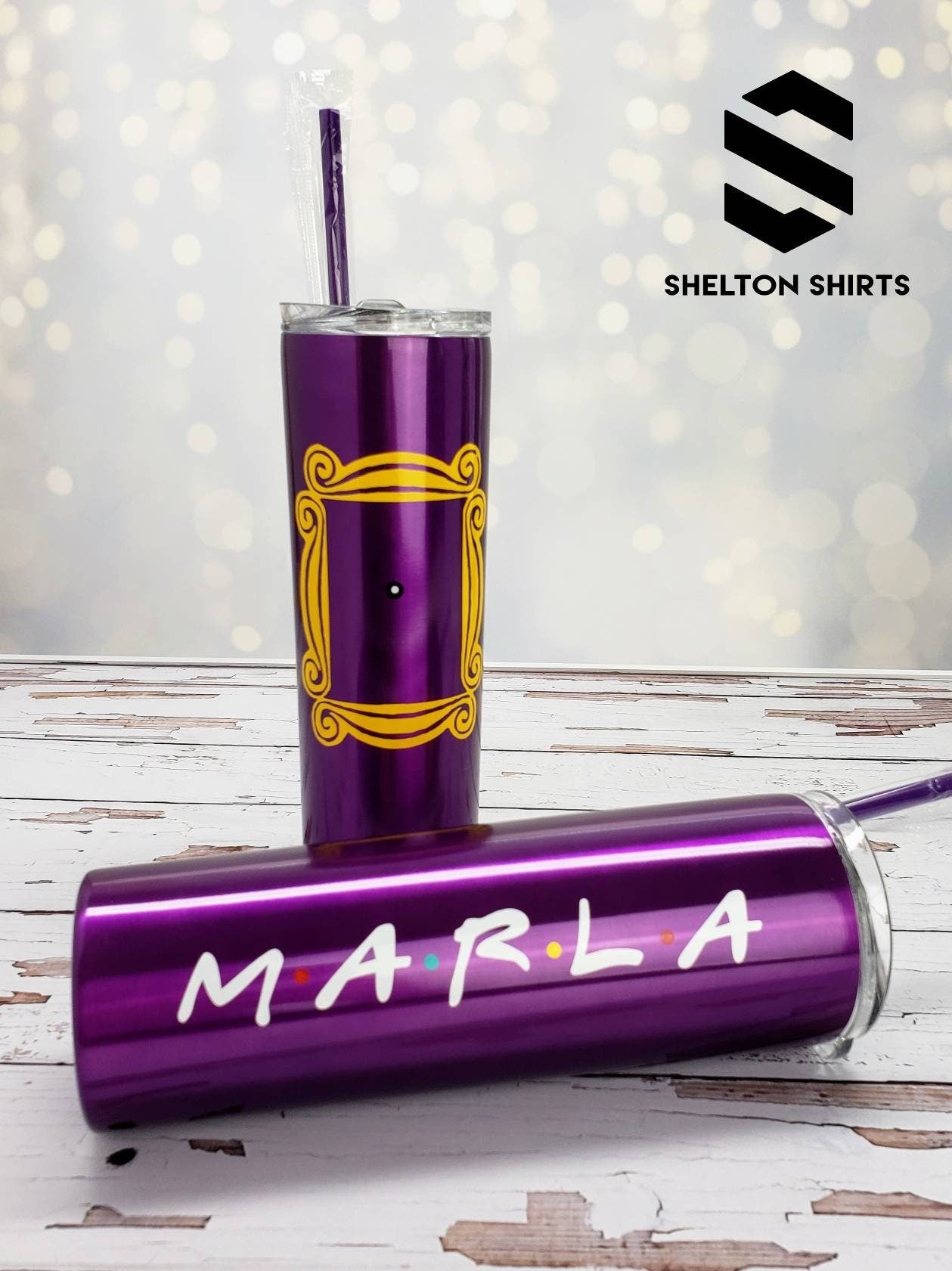 Personalized Tumbler with Yellow Peephole Frame and your name in the FRIENDS style