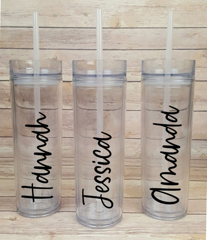 Bridal Party Personalized Handwritten Name Skinny Clear Acrylic Tumbler with Straw