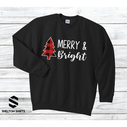 Merry and Bright with Buffalo Plaid Tree - Super Comfy Crewneck Black Unisex Sweatshirt