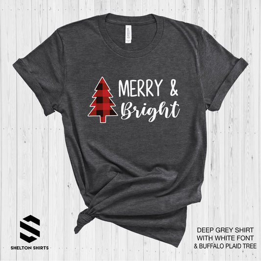 Merry and Bright with Buffalo Plaid Tree - Super Soft Bella Unisex T-Shirt