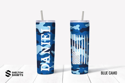 Groomsmen Camo Tumbler with Name on the Front and Distressed Flag