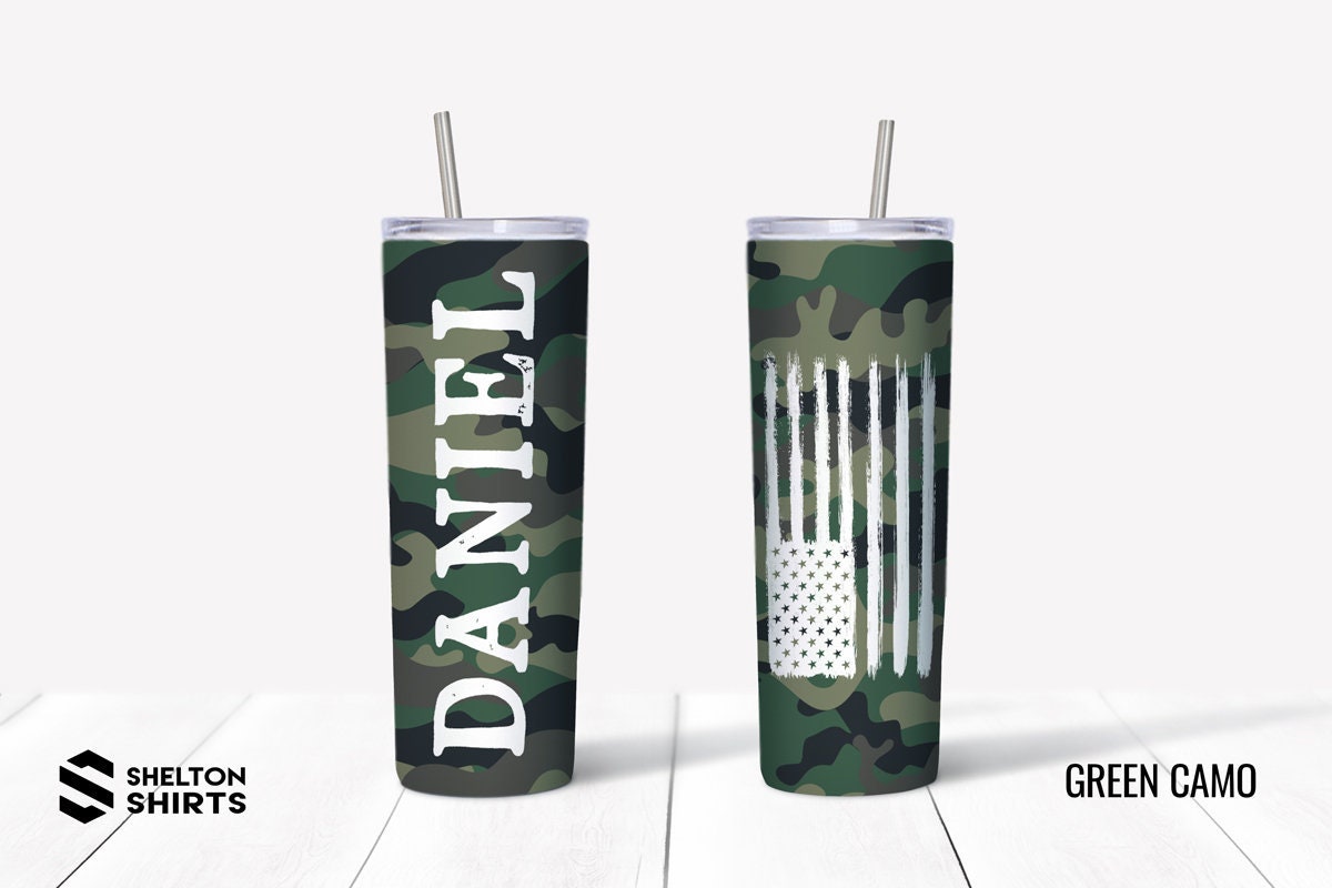 Groomsmen Camo Tumbler with Name on the Front and Distressed Flag