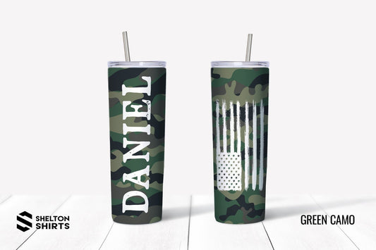 Camo Tumbler with Name on the Front and Distressed Flag on the Back