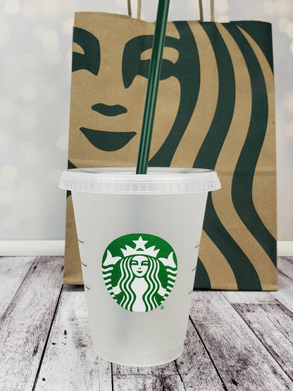 Set of 5 Mini Starbucks Kids Cups with Green Straws - 16oz Mini Cups