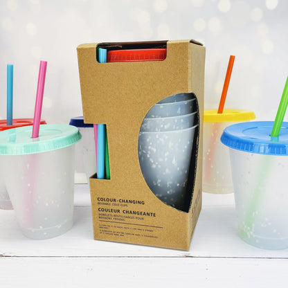 Set of 5 Confetti Color Changing Kids Cups with Colored Lids and Straws - 16oz Mini Cups