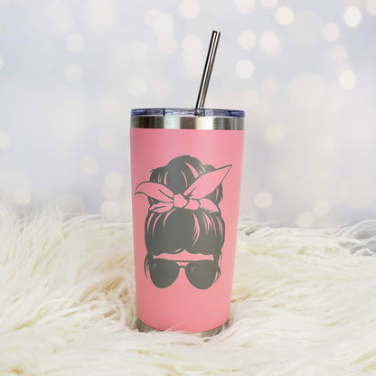 Laser Engraved Messy Bun Mom Tumbler with Script Name on side