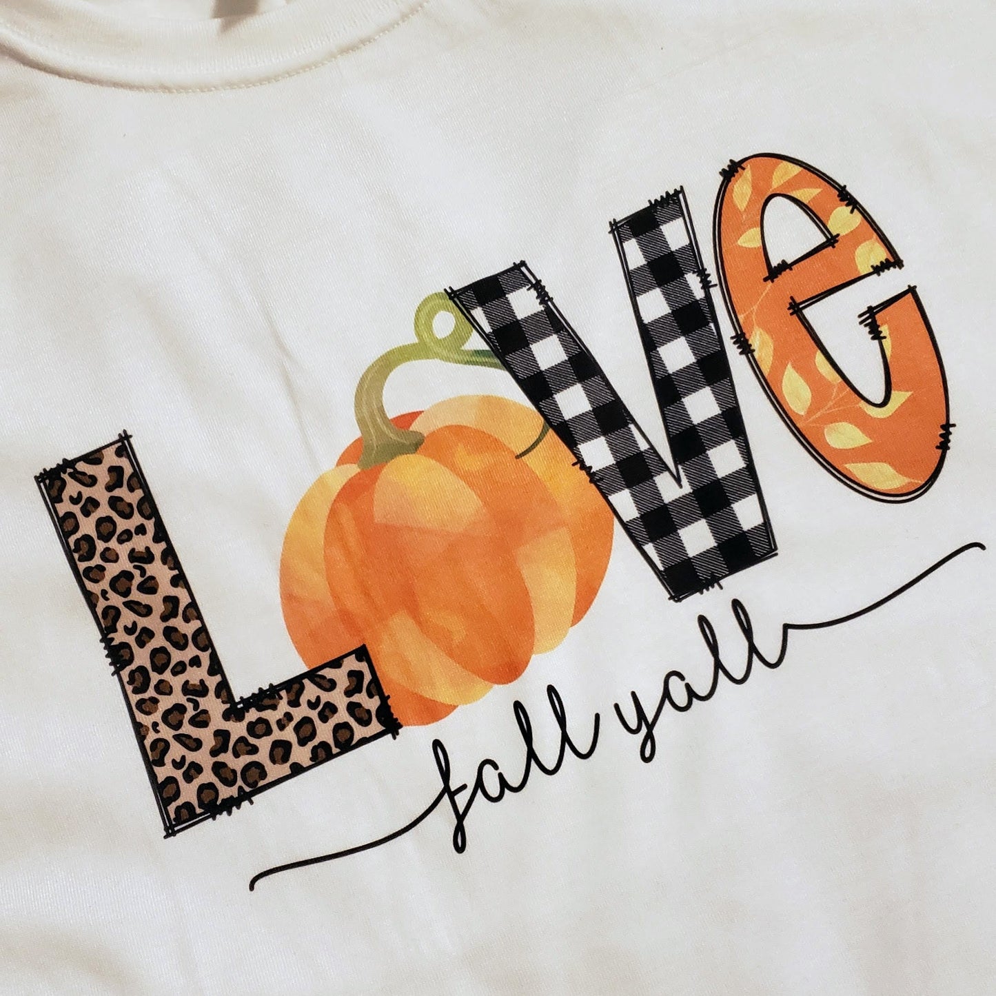 Love Fall Yall with Pumpkins, Leopard Print, Plaid and Leaves Print T-Shirt