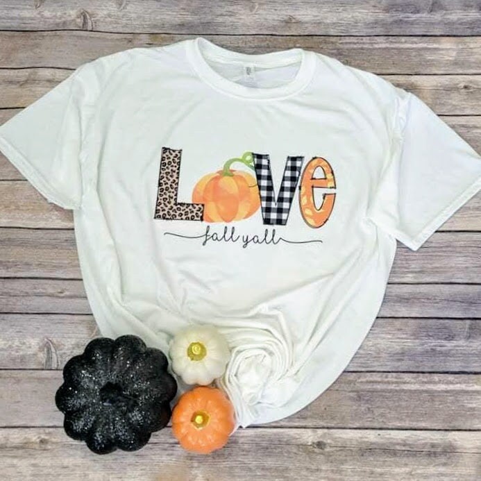Love Fall Yall with Pumpkins, Leopard Print, Plaid and Leaves Print T-Shirt