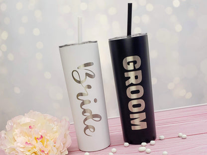 Bride and Groom Laser Engraved Tumbler with Your Choice of Script Font on the side