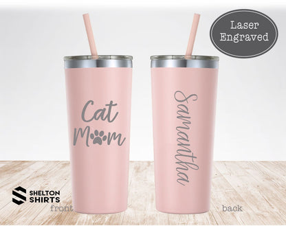 Cat Mom with Paw Print and Name Engraved on Back of Tumbler