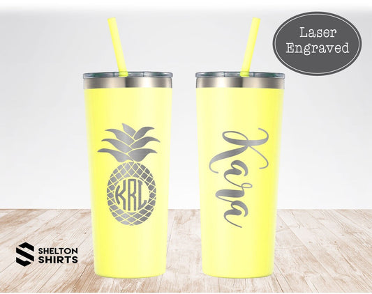 Pineapple with monogram engraved personalized name tumbler