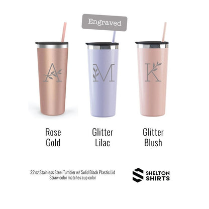 Pretty Floral Letter Engraved Personalized Tumbler