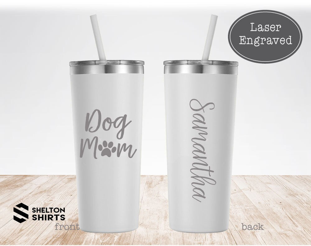 Dog Mom with Paw Print and Name Engraved on Back of Tumbler