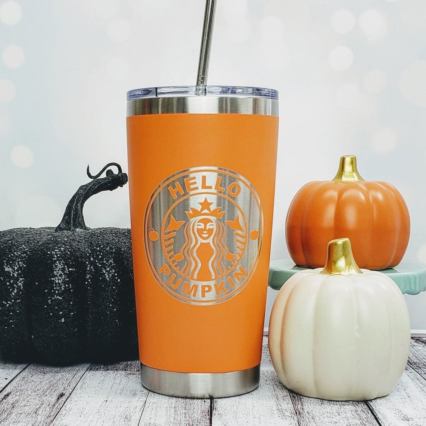 Engraved Hello Pumpkin Starbucks Logo on Grande Orange Stainless Tumbler