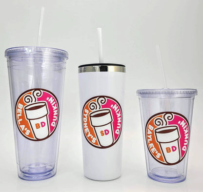 Dunkin donuts inspired printed decal on double wall high grade acrylic tumbler