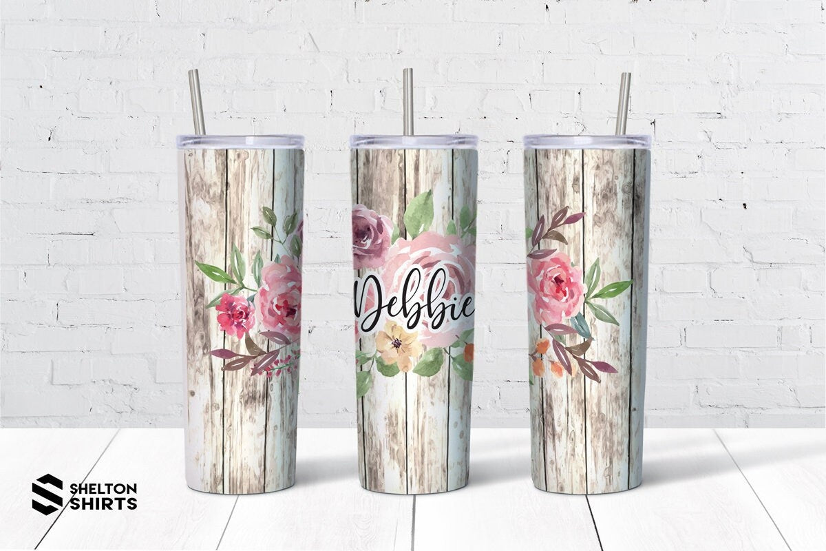 Country Floral Woodgrain Tumbler with Script Name on the Front