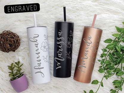 Delicate Floral with Name Laser Engraved Tumbler with your choice of script font