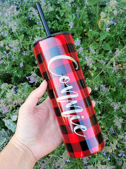 Laser Engraved Buffalo Plaid Tumbler with Script Name on side