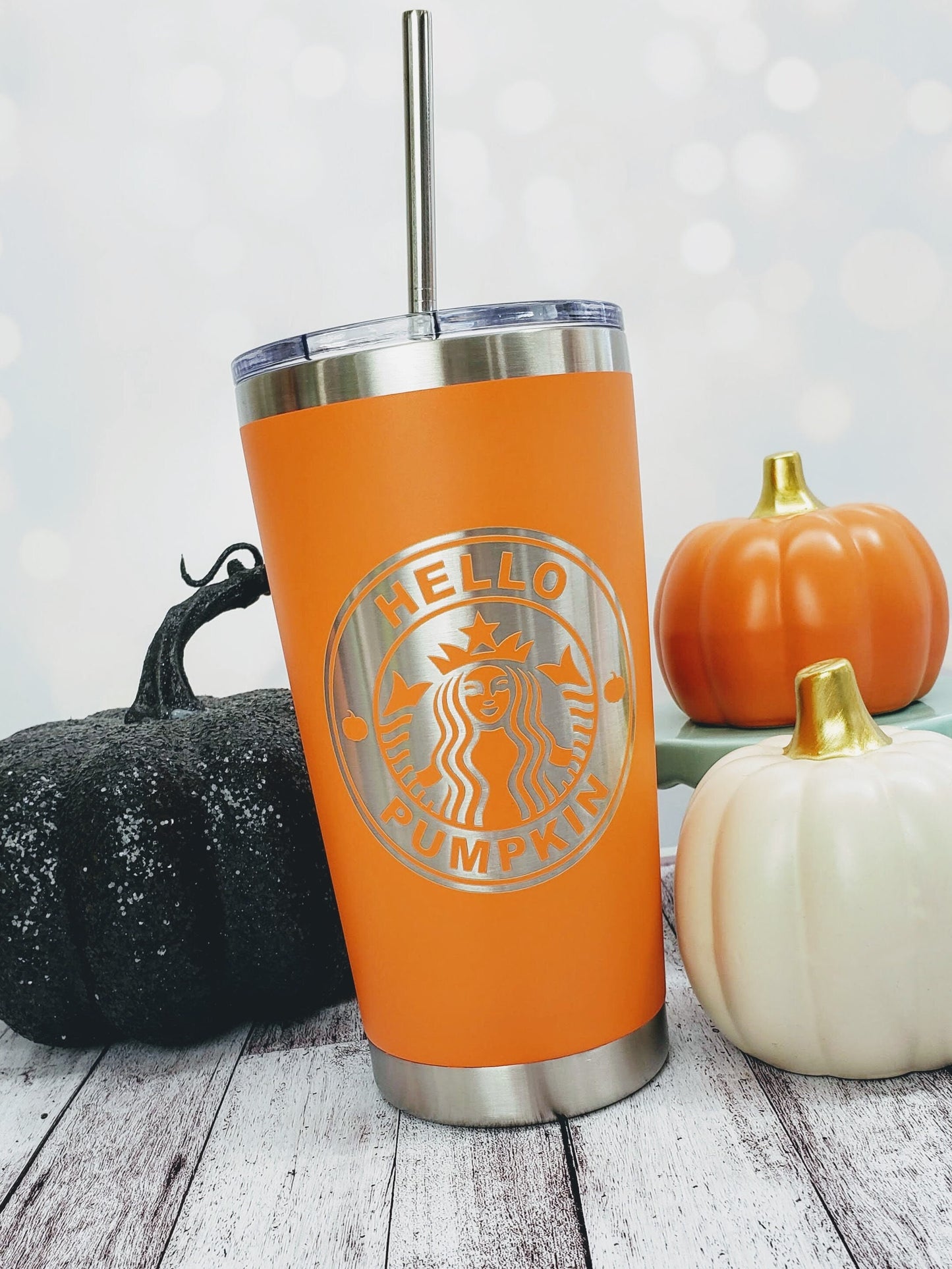 Engraved Hello Pumpkin Starbucks Logo on Grande Orange Stainless Tumbler