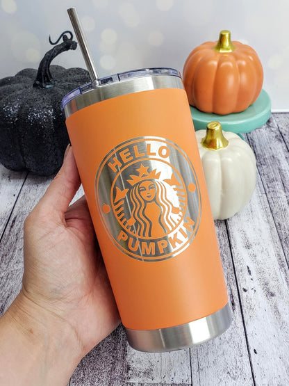 Engraved Hello Pumpkin Starbucks Logo on Grande Orange Stainless Tumbler