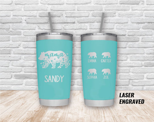 Mama Bear with Flowers and Baby Bears with Kids Names Engraved on Back