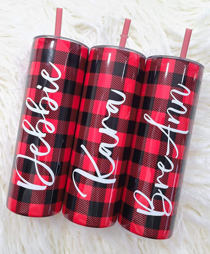 Personalized Buffalo Plaid Tumbler with Script Name on side