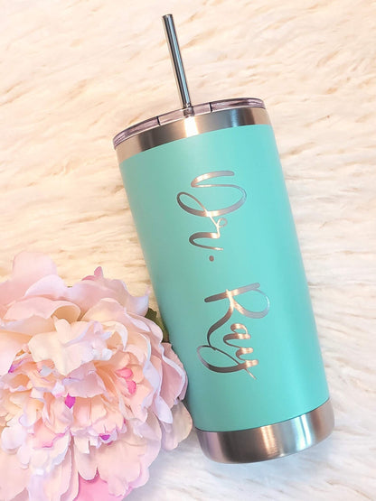 Laser Engraved Script Name Tumbler - 20oz Hot Tumbler with Silver Stainless Straw