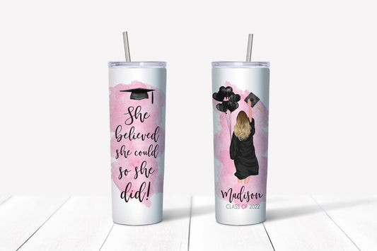Graduation Girl Class of 2022 Watercolor Tumbler with Script Name on the Front