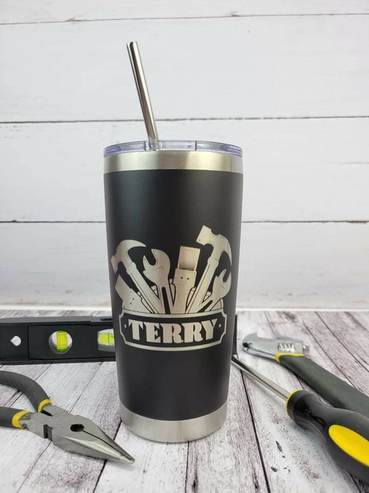 Laser Engraved Tumbler with Tools Graphic and Name