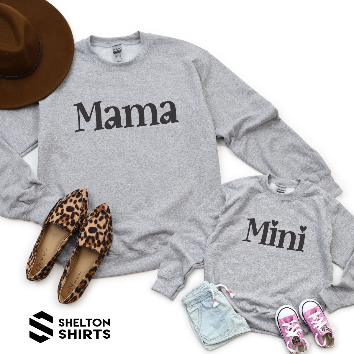 Mama and Mini with Hearts Super Comfy Crew Neck Heather Grey Sweatshirts