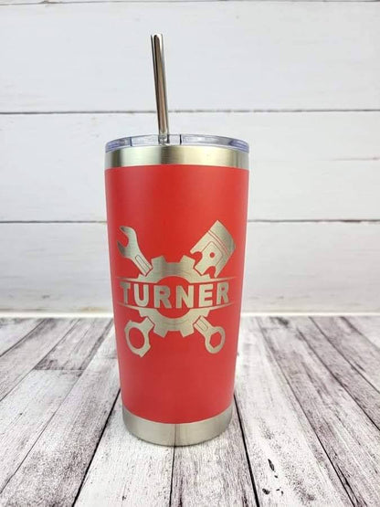 Laser Engraved Tumbler with Tools Graphic and Name